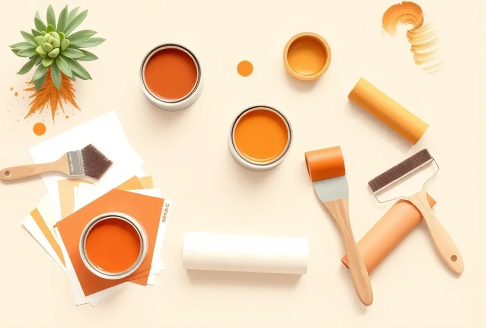 Pots de peinture, nuancier, brosses et rouleaux disposés à plat