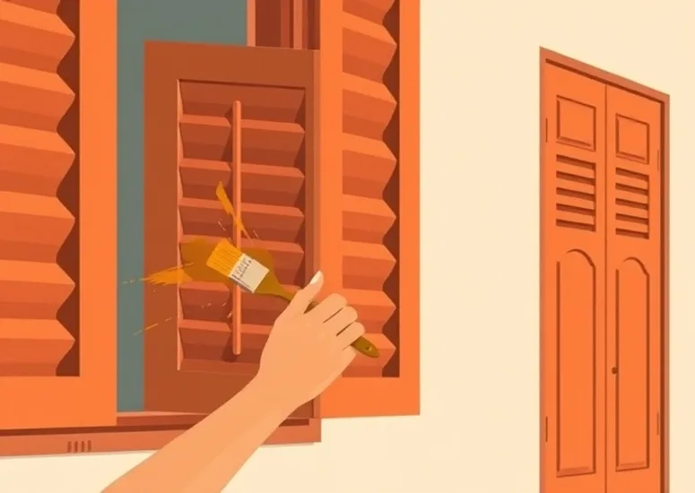 Mise en peinture au pinceau de volets et d'encadrements en bois
