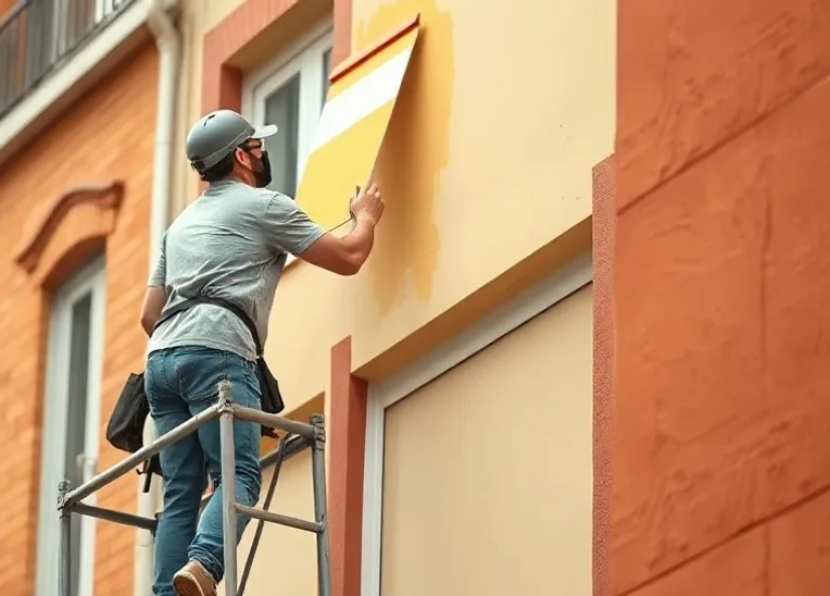 Peintre sur échafaudage traitant la façade d'une maison