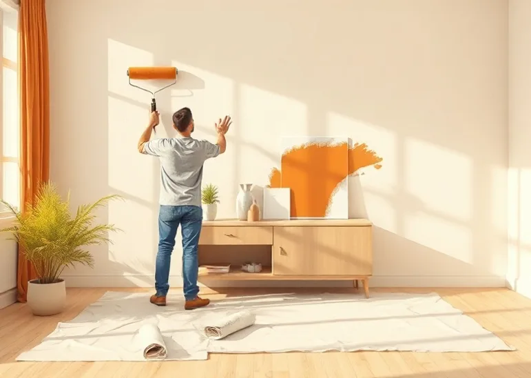 Peintre appliquant la peinture au rouleau sur un mur de salon